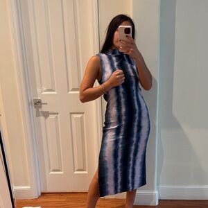 Sleeveless Blue Tie-Dye Midi Dress with slit stretchy fabric bump friendly pregg